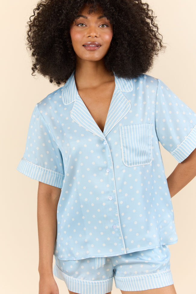 No Alarm Blue Polka Dot Satin Pajama Top SALE