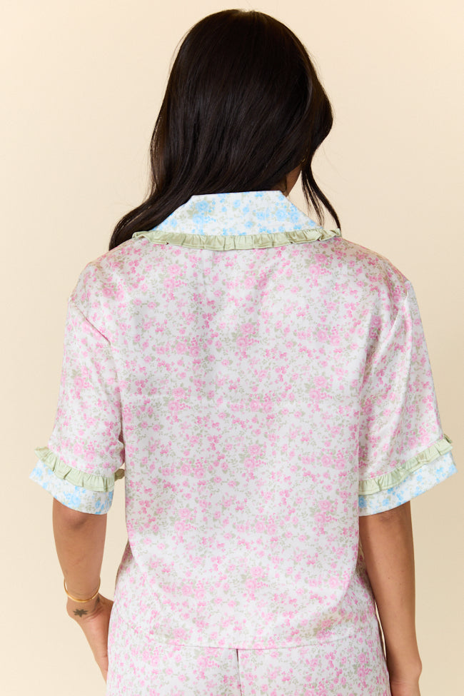 Dreamy Days Mixed Floral Short Sleeve Satin Pajama Top SALE