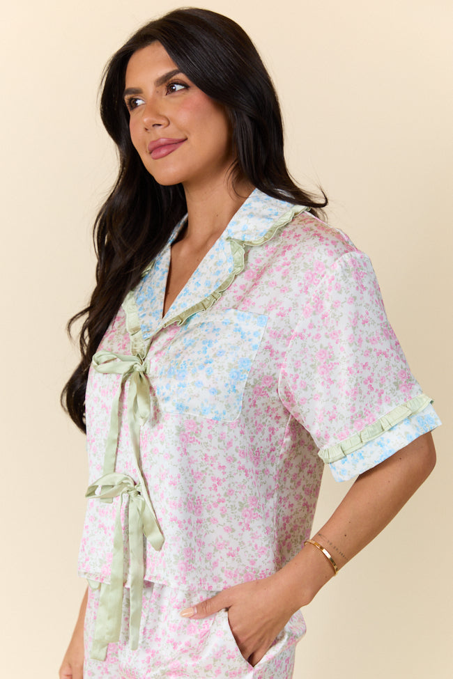 Dreamy Days Mixed Floral Short Sleeve Satin Pajama Top SALE