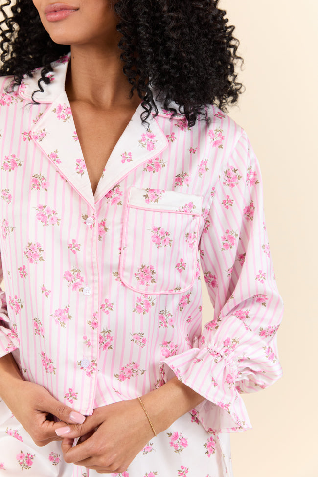 Sleep On My Side Pink Floral Satin Long Sleeve Pajama Top SALE