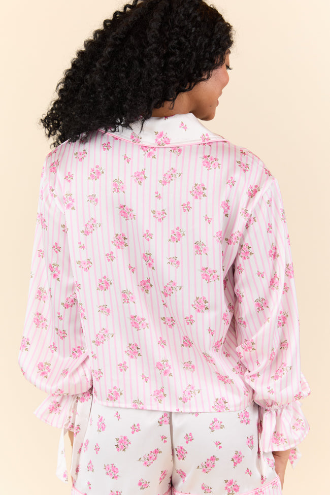 Sleep On My Side Pink Floral Satin Long Sleeve Pajama Top SALE