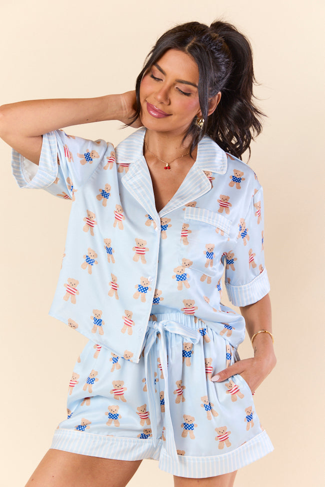Bearly Asleep Teddy Bear Printed Short Sleeve Pajama Top