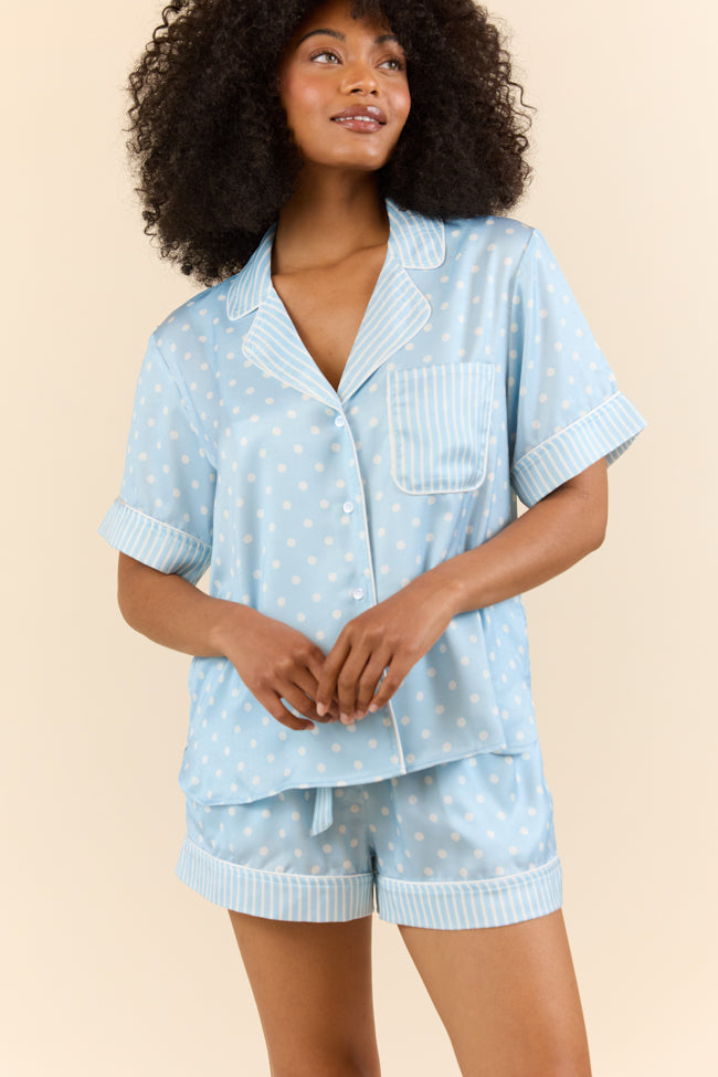 No Alarm Blue Polka Dot Satin Pajama Top SALE