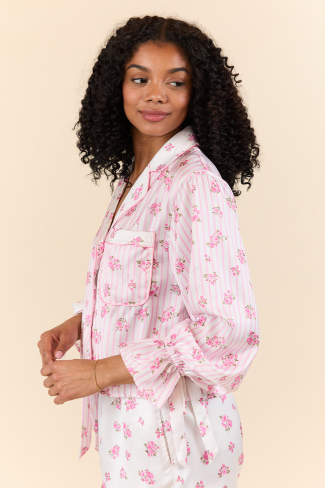 Sleep On My Side Pink Floral Satin Long Sleeve Pajama Top SALE