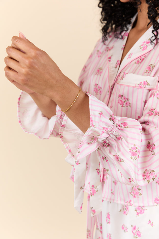 Sleep On My Side Pink Floral Satin Long Sleeve Pajama Top SALE
