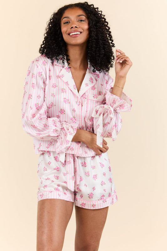 Sleep On My Side Pink Floral Satin Long Sleeve Pajama Top SALE