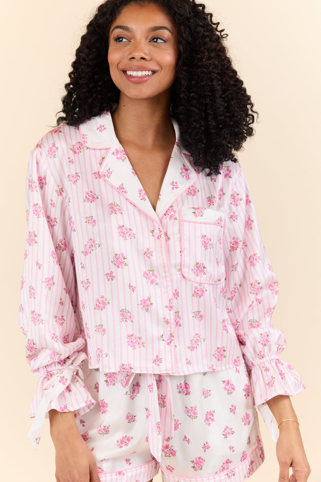 Sleep On My Side Pink Floral Satin Long Sleeve Pajama Top SALE