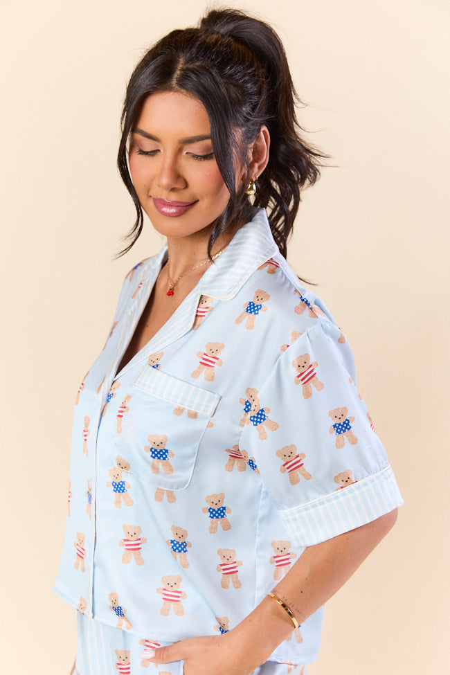 Bearly Asleep Teddy Bear Printed Short Sleeve Pajama Top