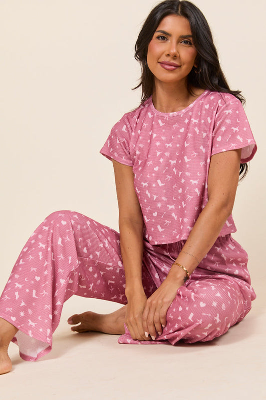 Lainey Waffle Knit Pink Western Icon Pajama Top