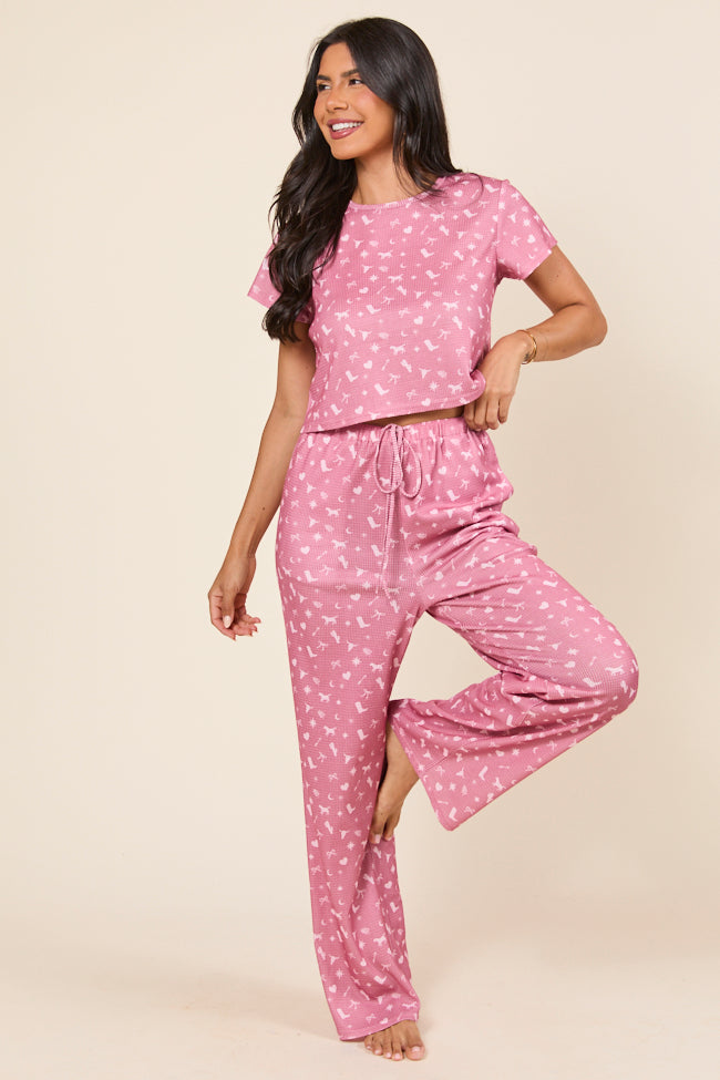 Lainey Waffle Knit Pink Western Icon Pajama Top