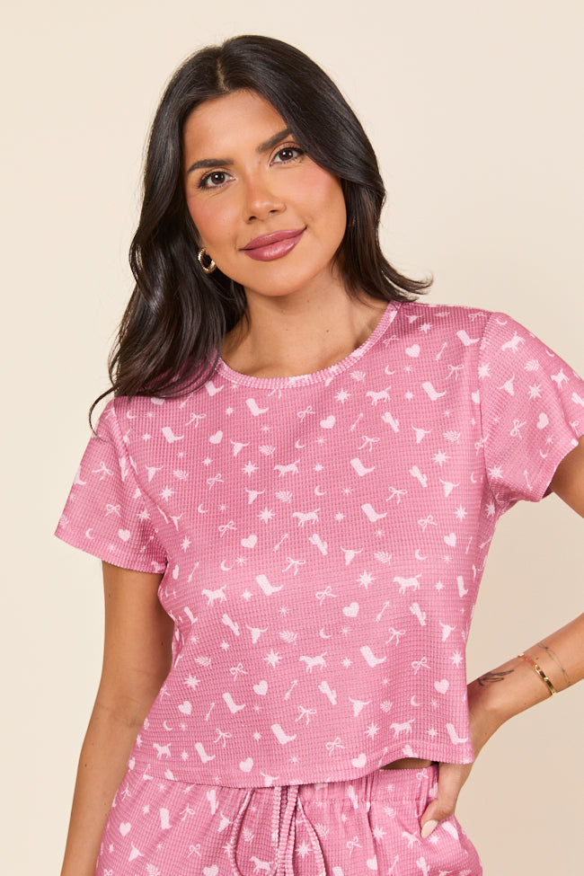 Lainey Waffle Knit Pink Western Icon Pajama Top