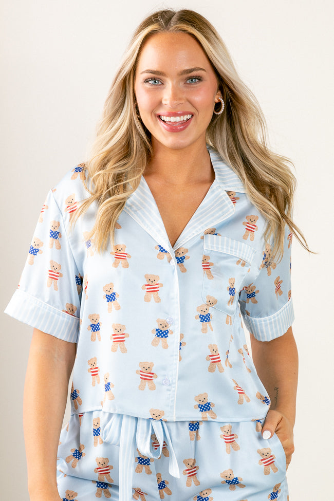 Bearly Asleep Teddy Bear Printed Short Sleeve Pajama Top
