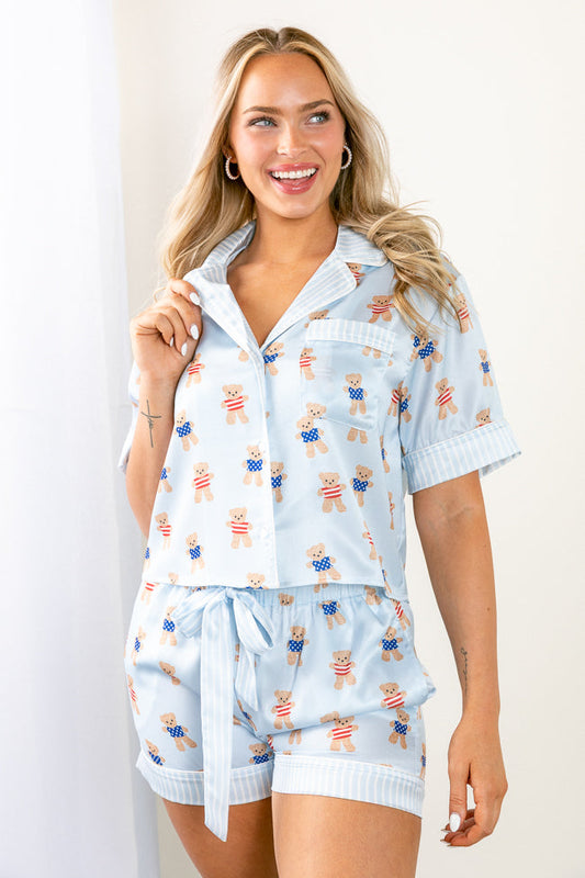 Bearly Asleep Teddy Bear Printed Short Sleeve Pajama Top
