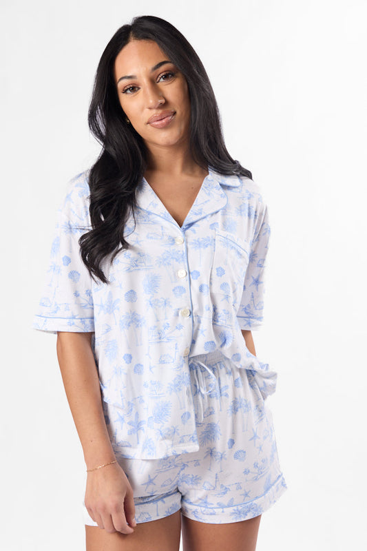 Under the Stars Blue Coastal Toile Short Sleeve Pajama Top